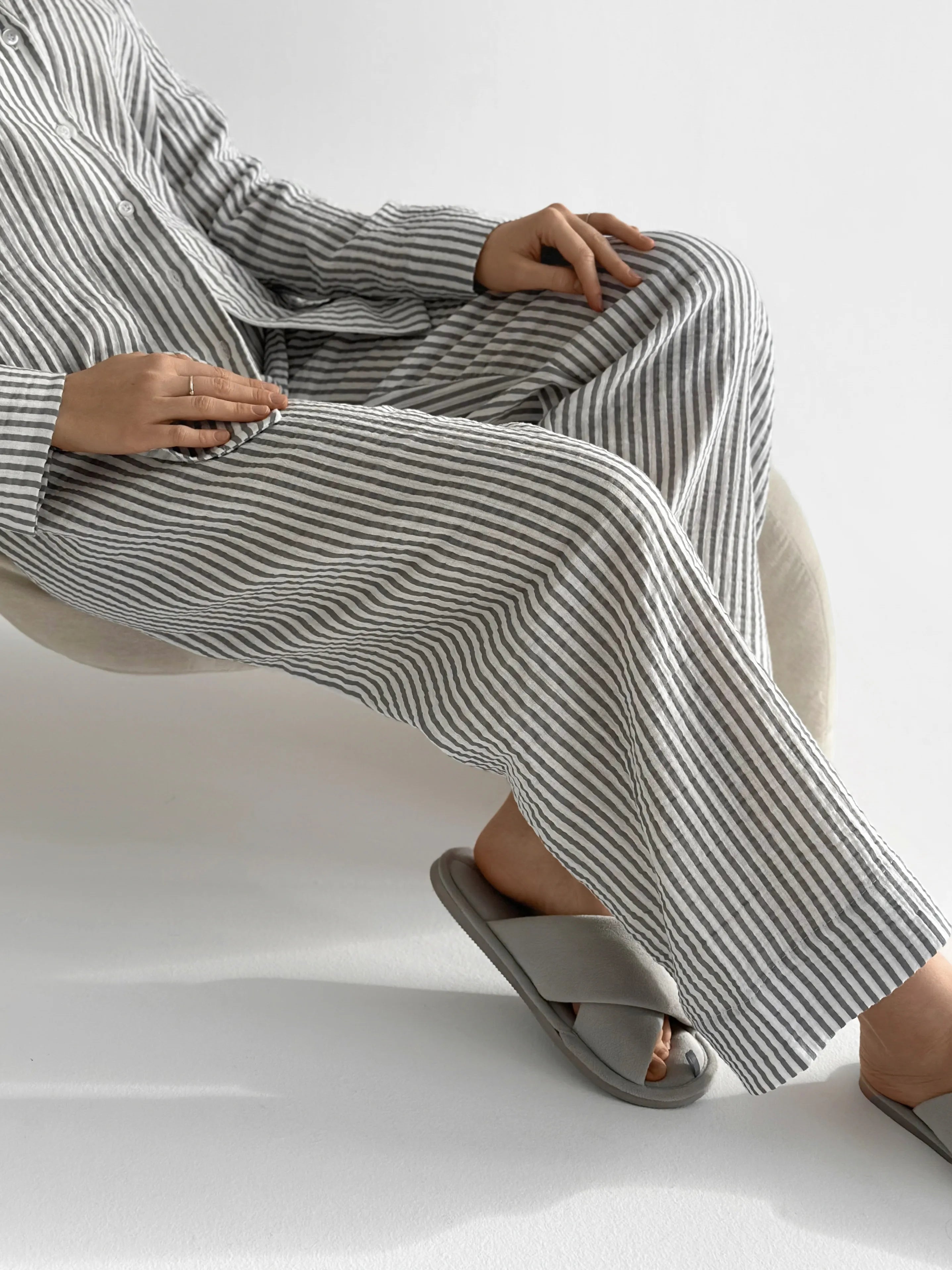 Dark gray striped muslin shirt and pants suit