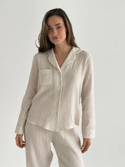 Beige striped muslin shirt and pants suit