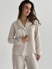 Beige striped muslin shirt and pants suit