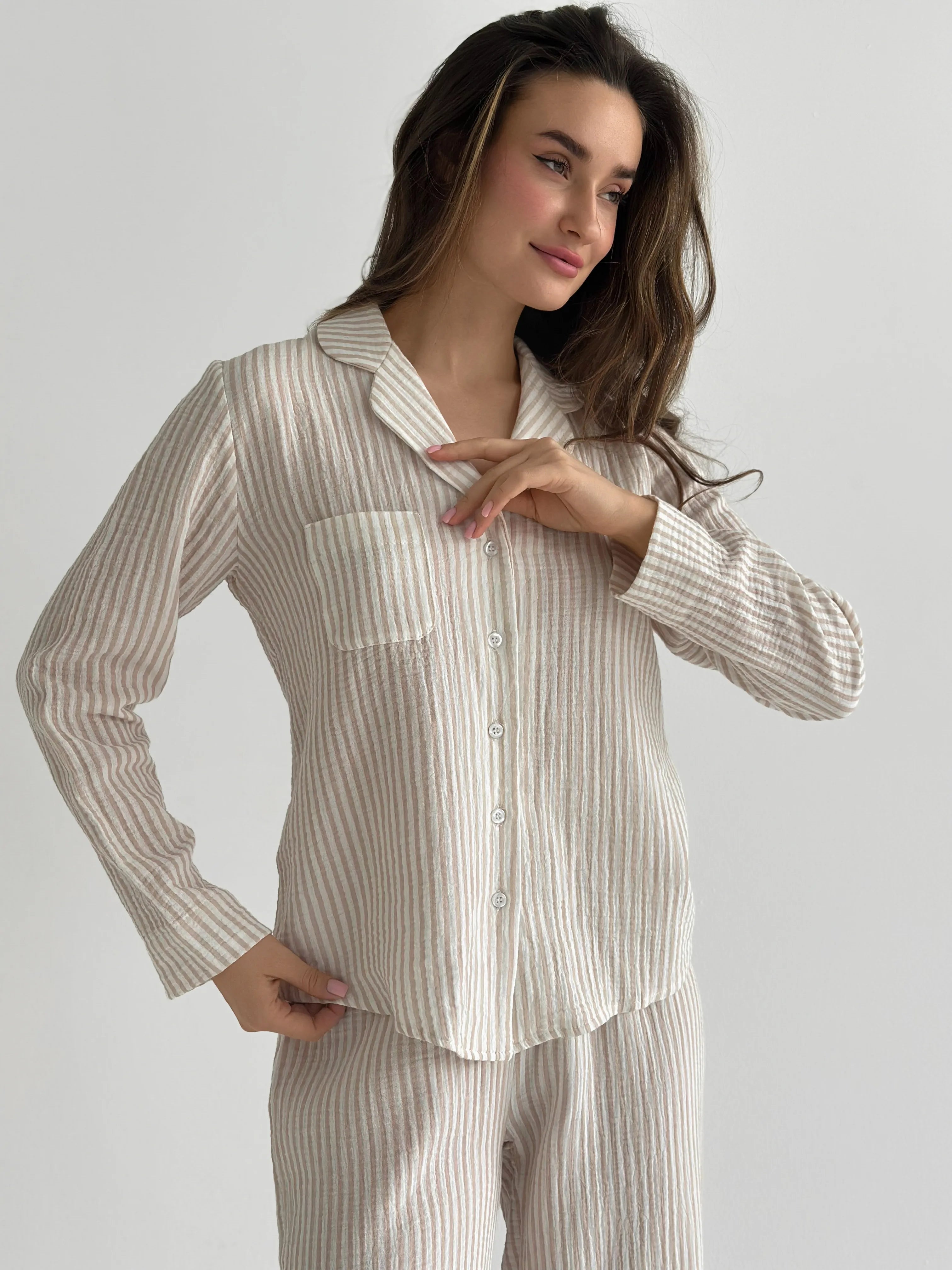 Beige striped muslin shirt and pants suit