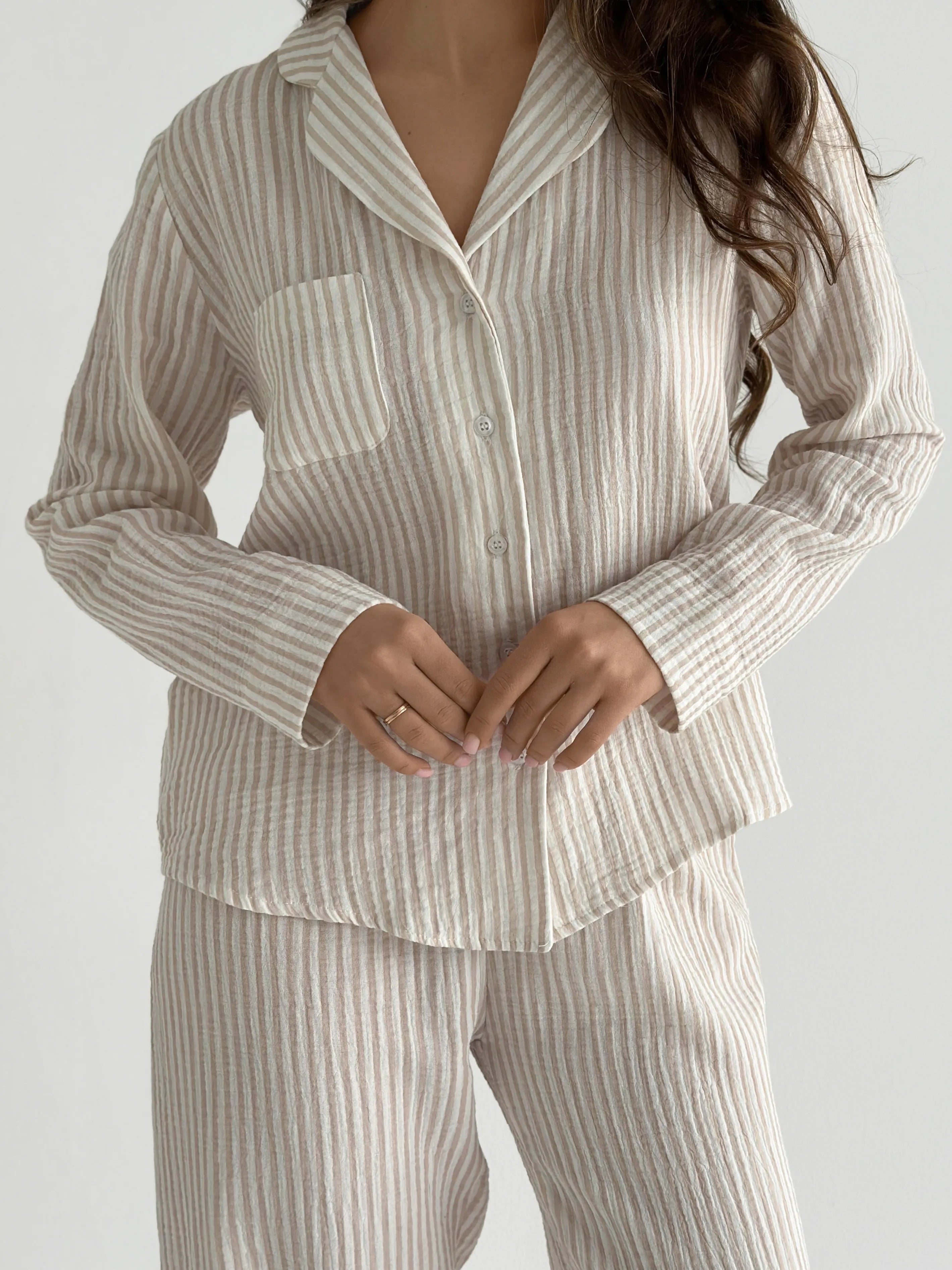 Beige striped muslin shirt and pants suit