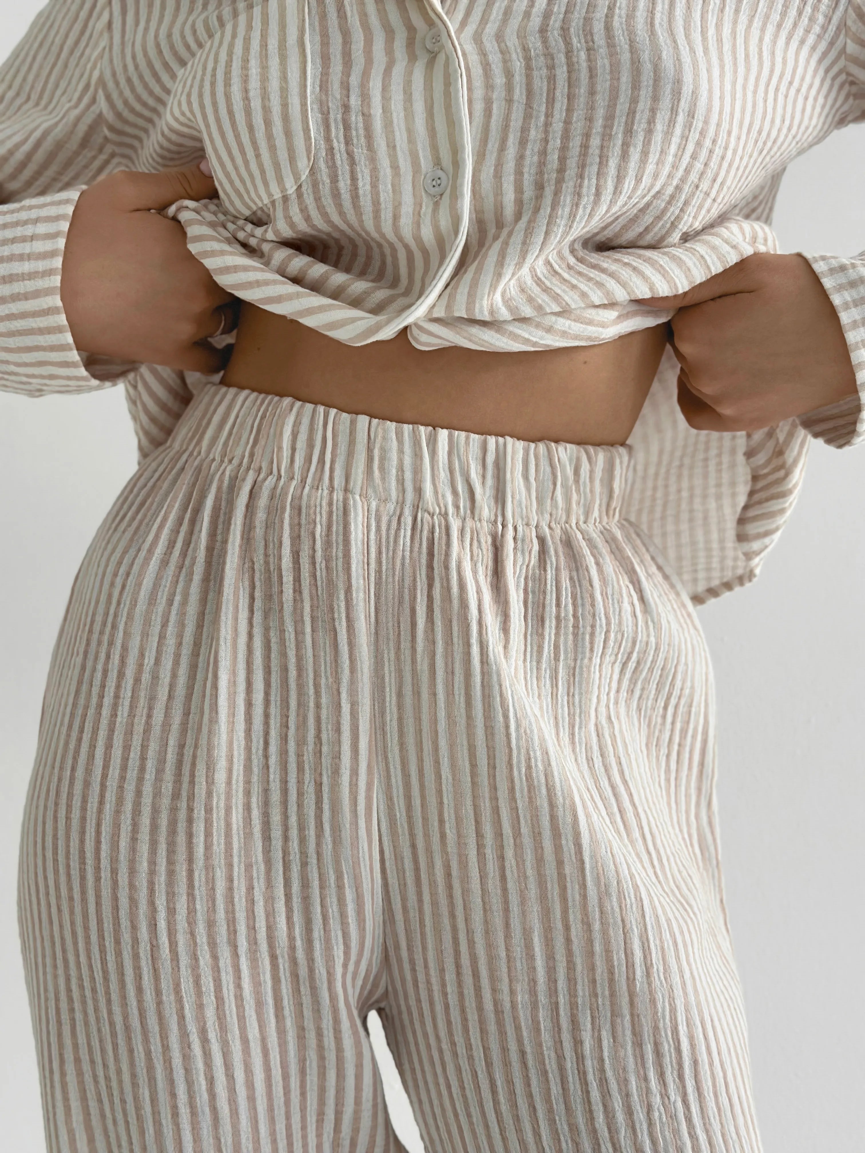 Beige striped muslin shirt and pants suit