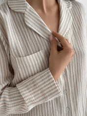 Beige striped muslin shirt and pants suit