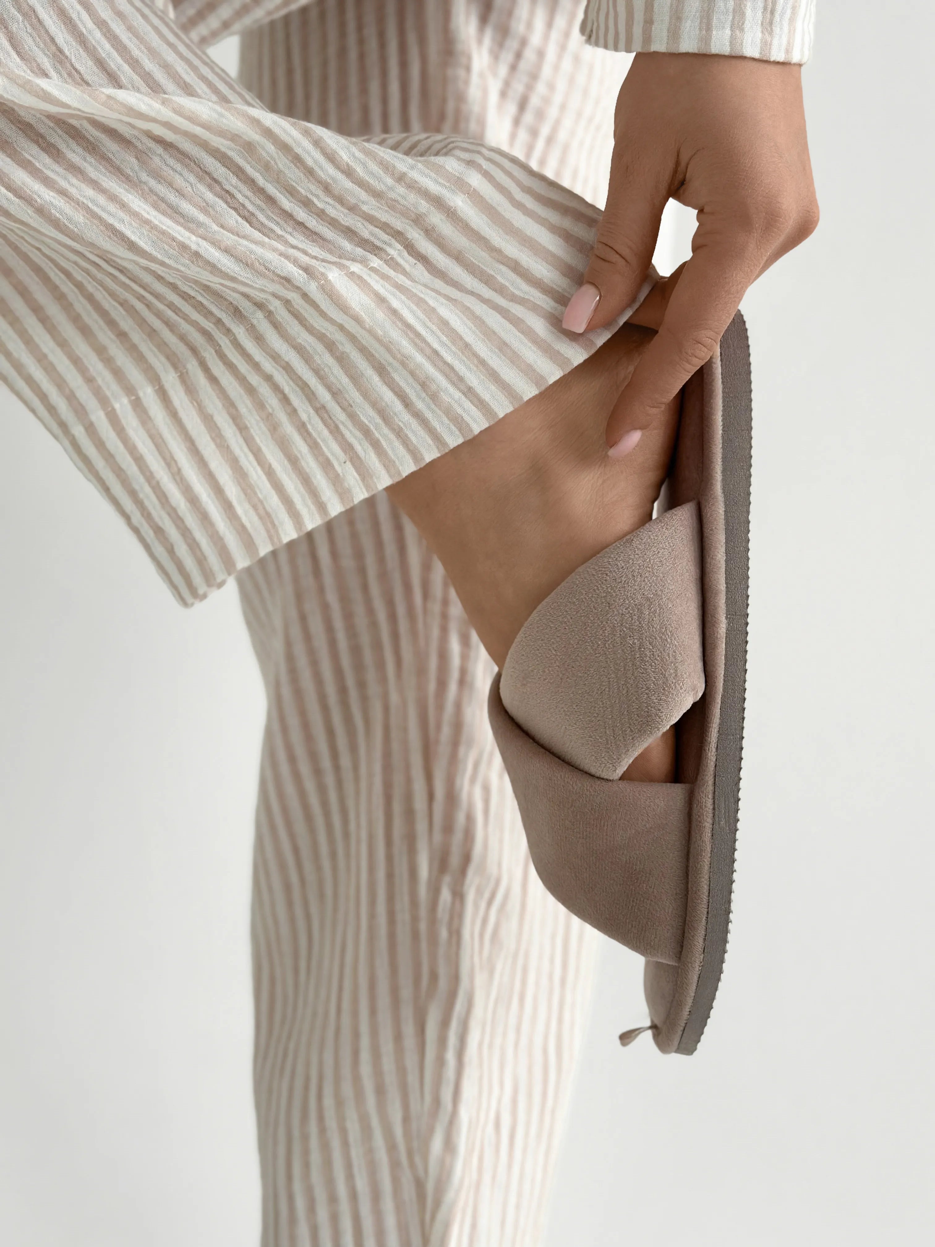 Beige striped muslin shirt and pants suit