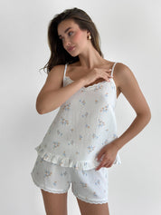 Muslin T-shirt and Shorts costume flower with blue leaf on milky