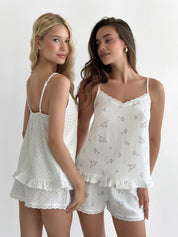 Muslin T-shirt and Shorts costume flower with blue leaf on milky