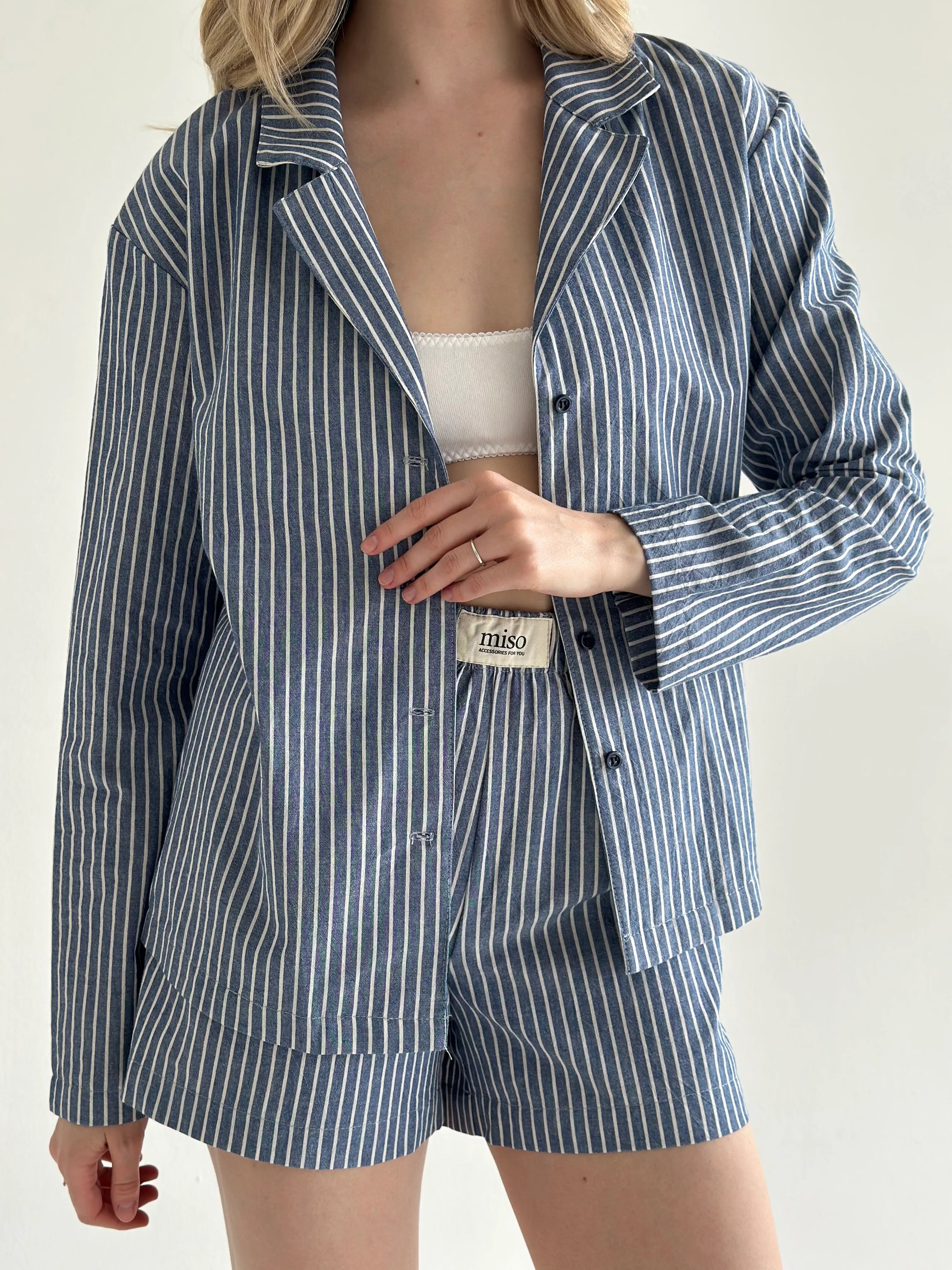 Striped cotton suit Shirt and shorts blue/milk