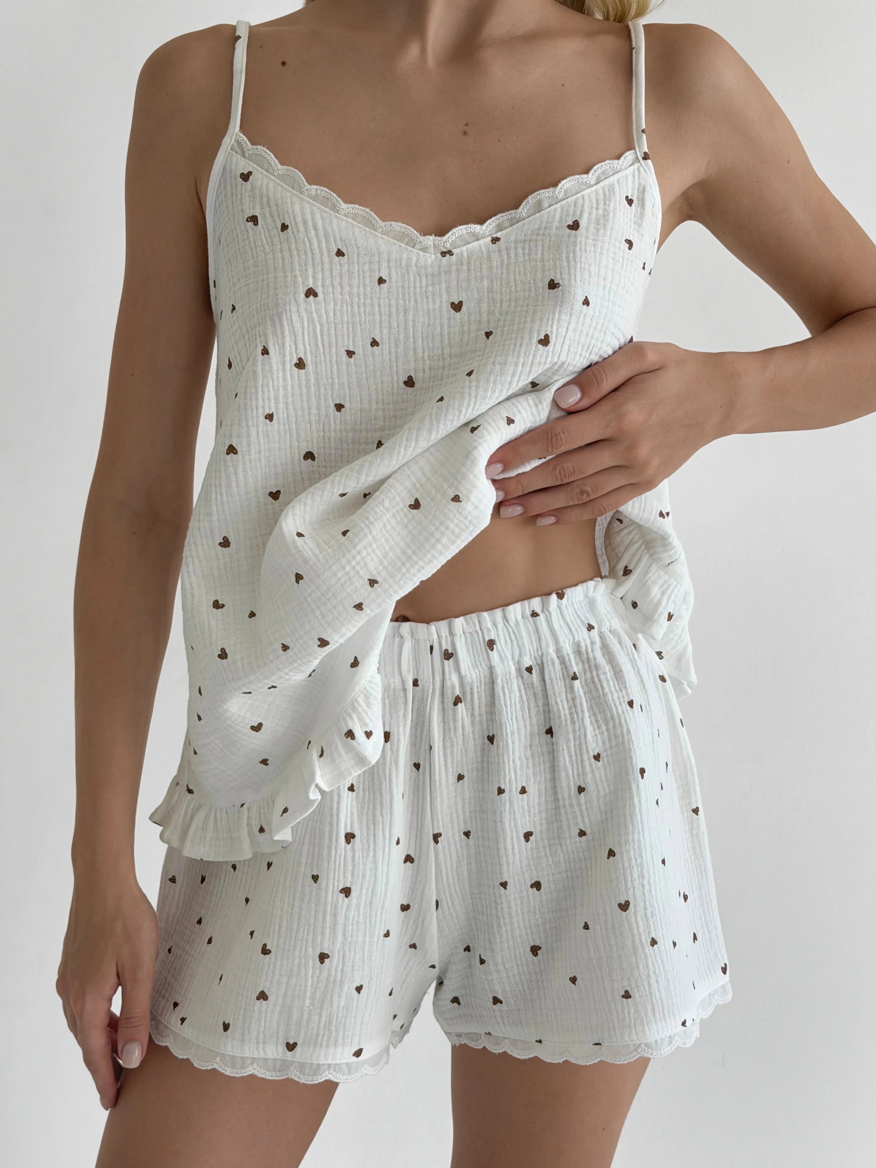 Muslin T-shirt and Shorts Suit, brown heart on milky