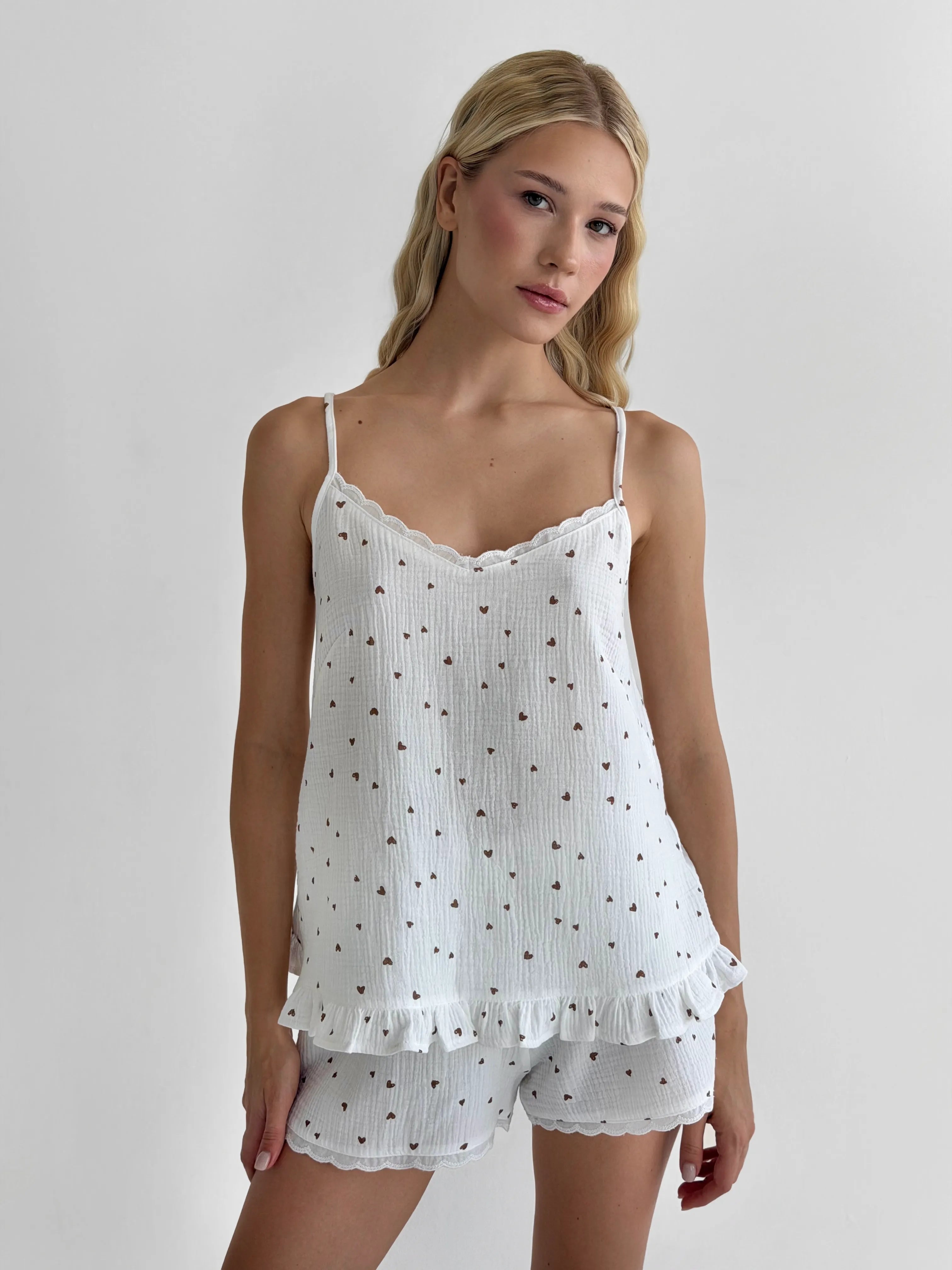 Muslin T-shirt and Shorts Suit, brown heart on milky