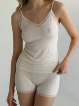 Set of viscose tank top and shorts with lace beige-pink
