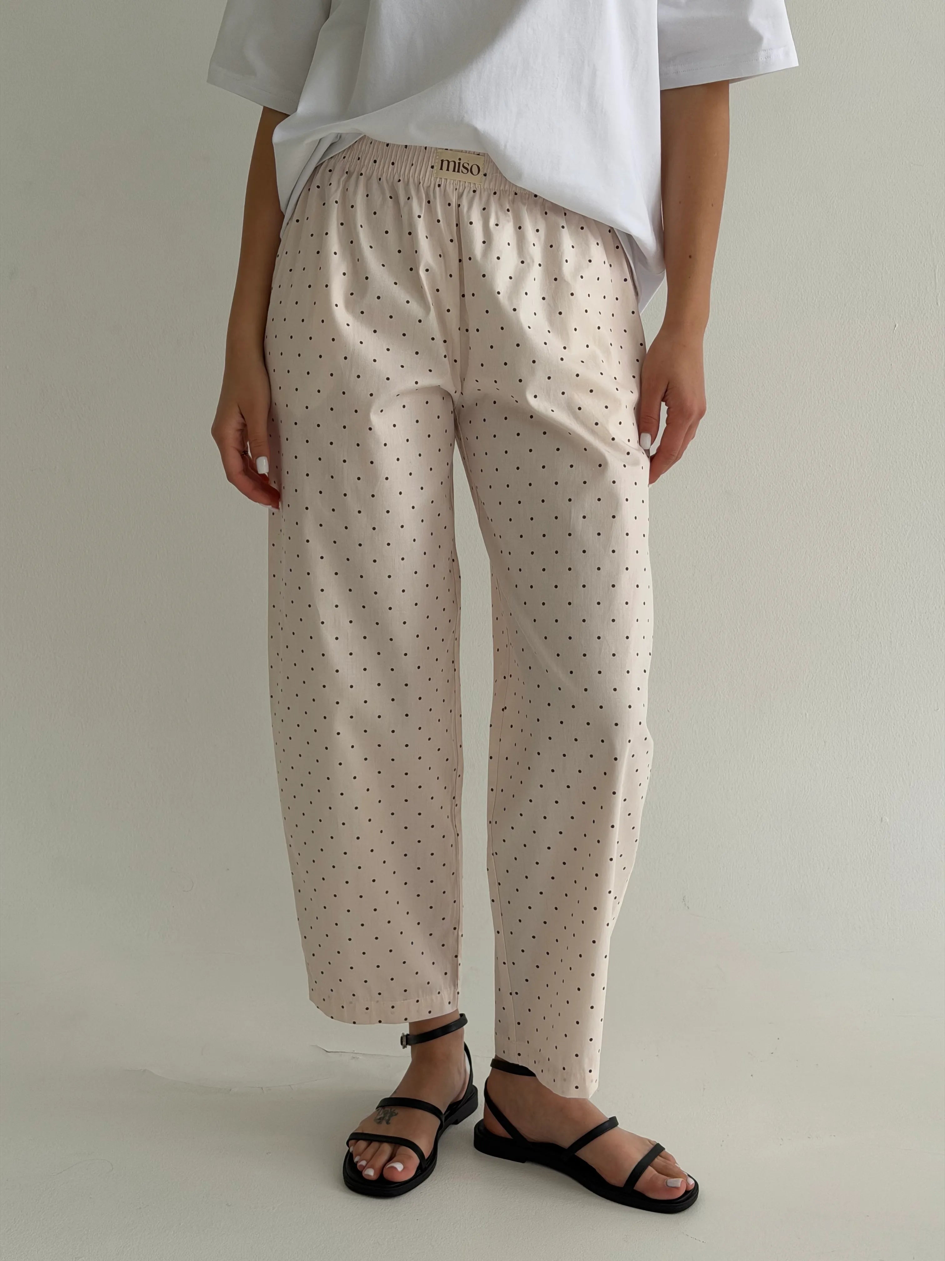 Satin pants BANANAS small black polka dots on pale pink