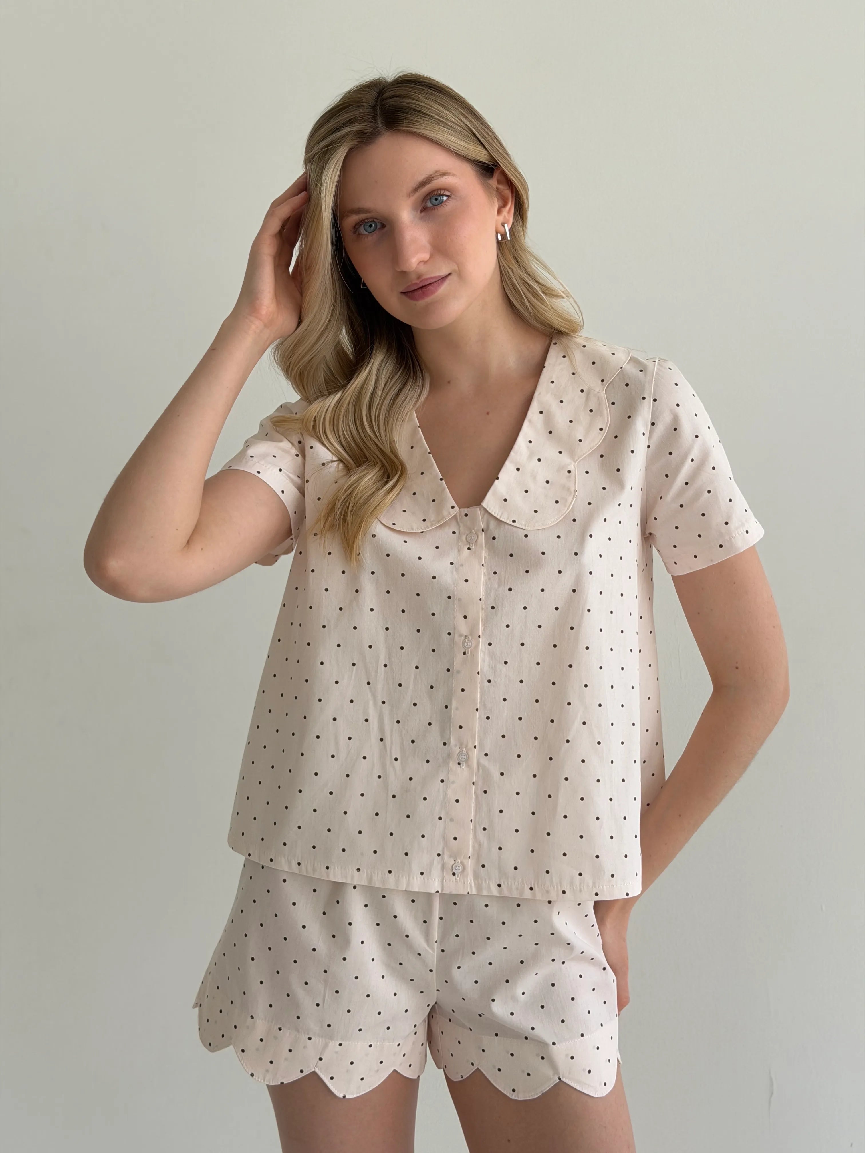 Satin Shirt and Shorts Suit with figured trim, small black polka dots on soft pink