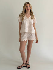 Satin Shirt and Shorts Suit with figured trim, small black polka dots on soft pink
