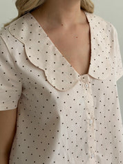 Satin Shirt and Shorts Suit with figured trim, small black polka dots on soft pink