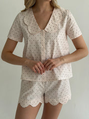 Satin Shirt and Shorts Suit with figured trim, small black polka dots on soft pink