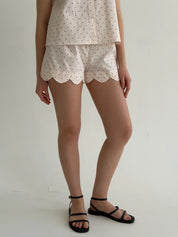 Satin Shirt and Shorts Suit with figured trim, small black polka dots on soft pink