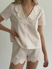 Satin Shirt and Shorts Suit with figured trim, small black polka dots on soft pink