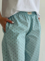 Satin pants BANANAS small black polka dots on blue