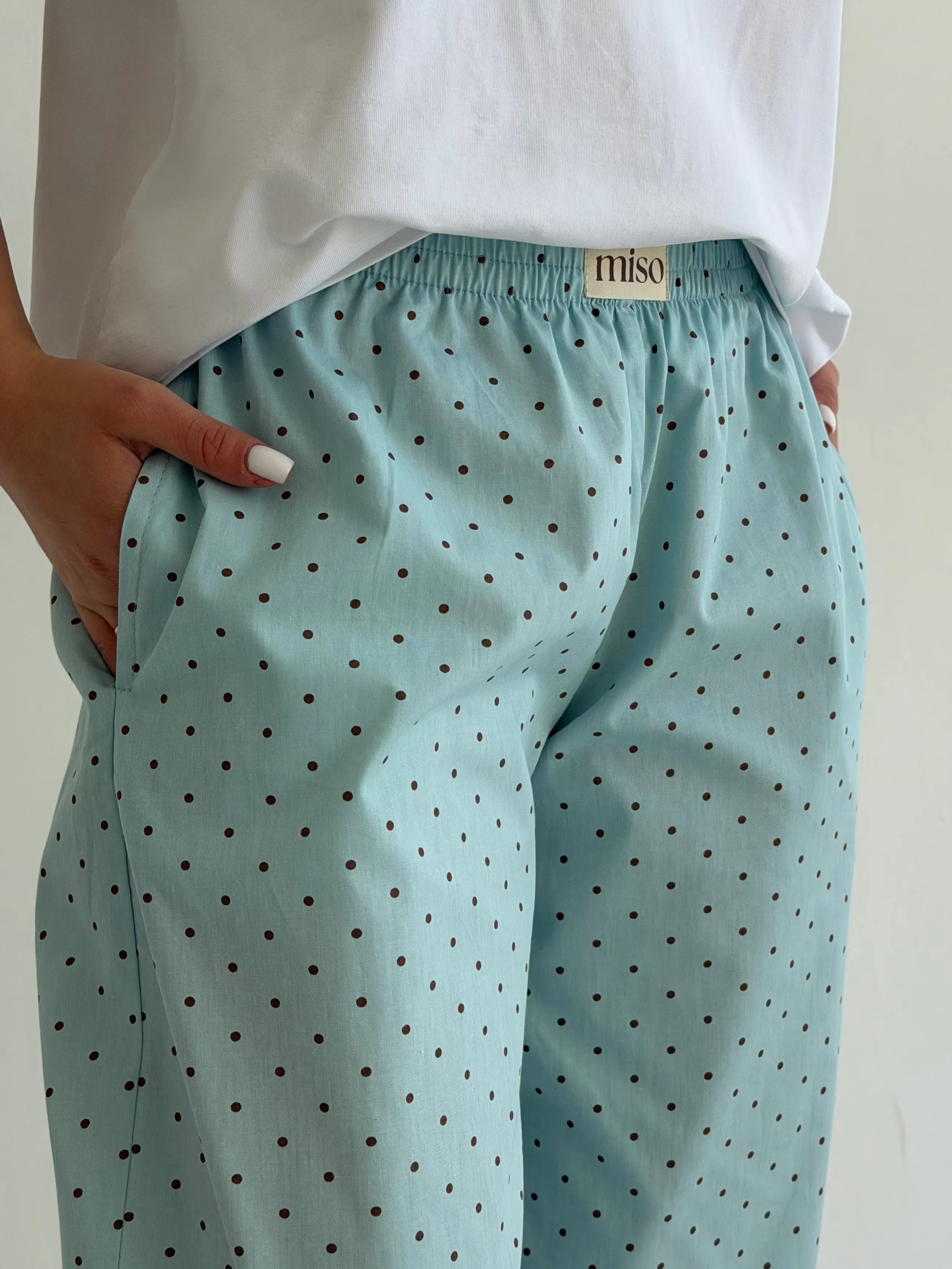 Satin pants BANANAS small black polka dots on blue