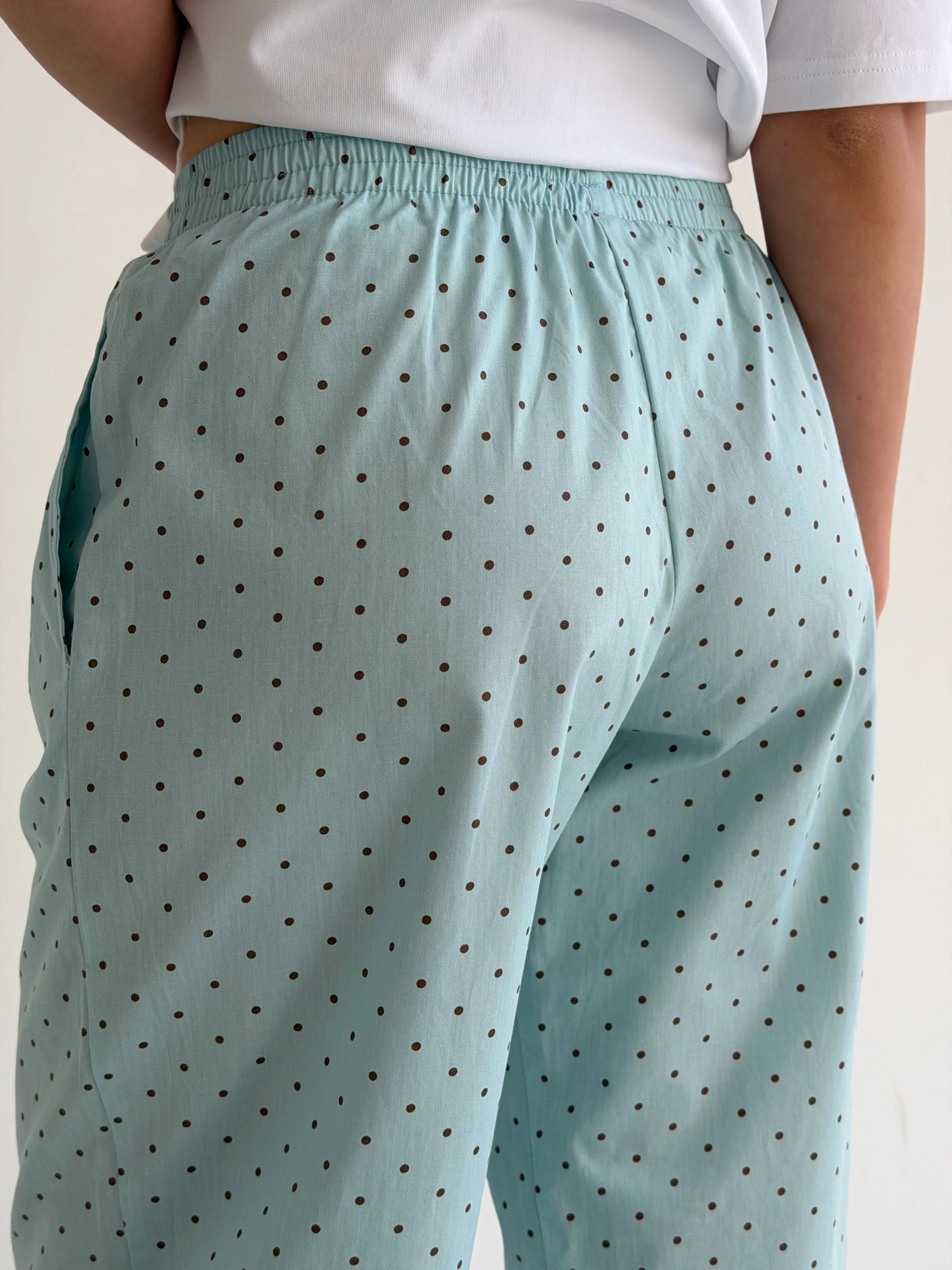 Satin pants BANANAS small black polka dots on blue