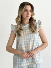 Cotton blouse with ruffles, blue check