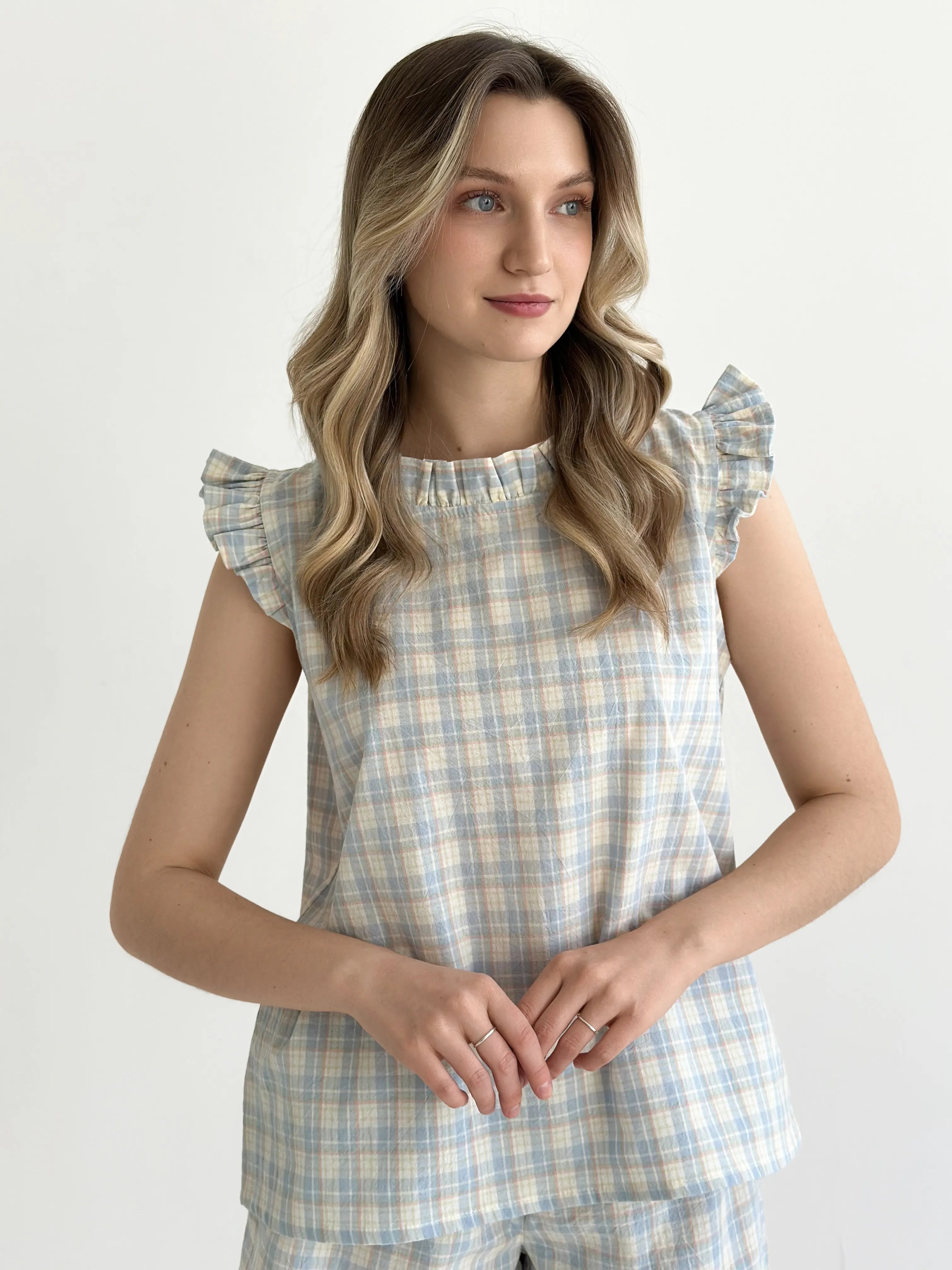 Cotton blouse with ruffles, blue check