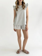Cotton blouse with ruffles, blue check