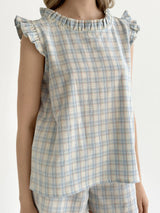 Cotton blouse with ruffles, blue check