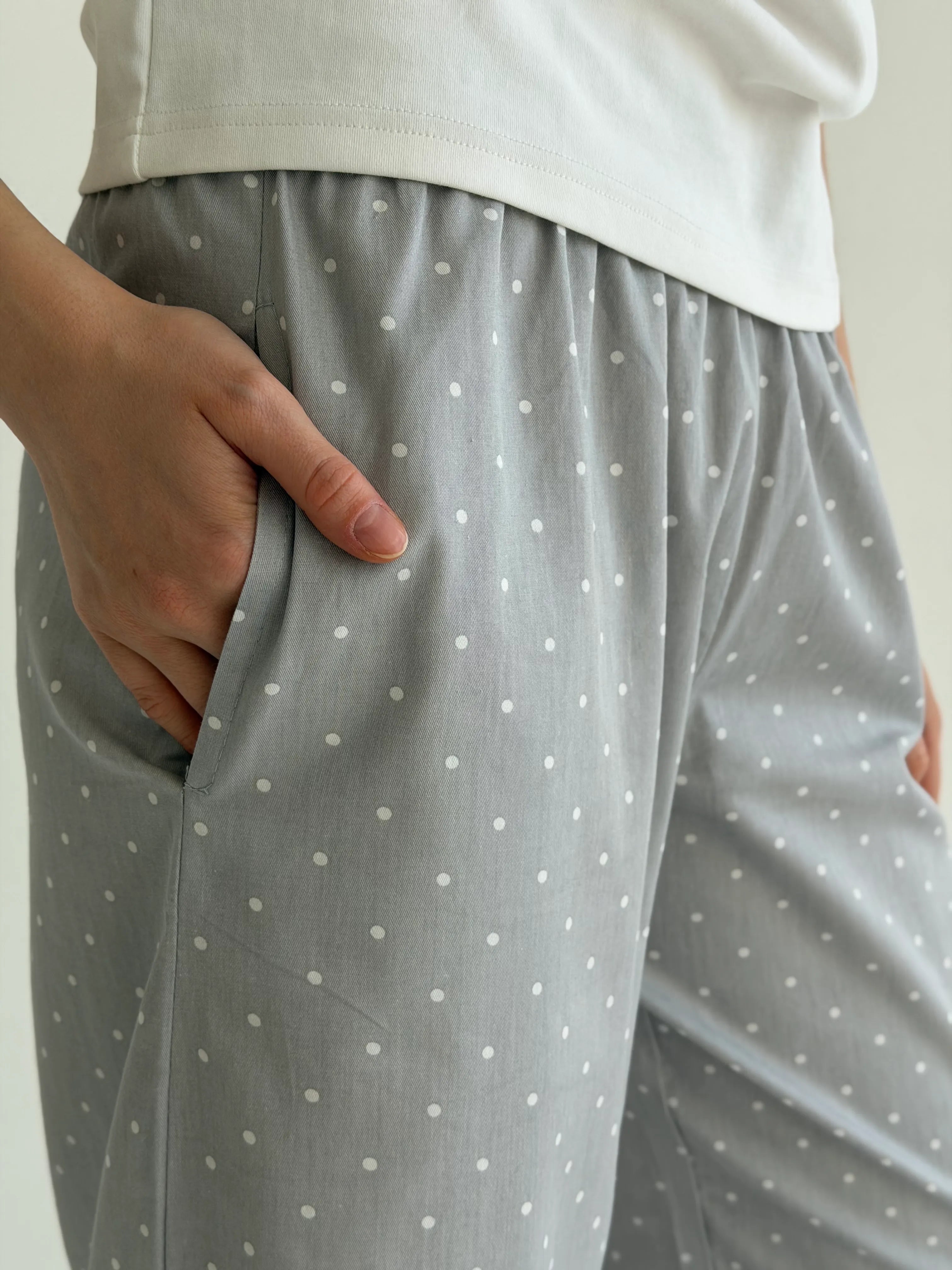 Satin pants BANANAS small white polka dots on gray
