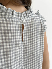 Muslin 2-layer blouse with ruffles, gray check on milky
