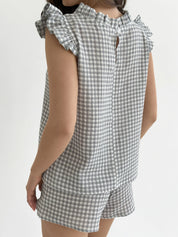 Muslin 2-layer blouse with ruffles, gray check on milky