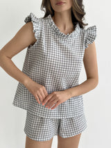 Muslin 2-layer blouse with ruffles, gray check on milky