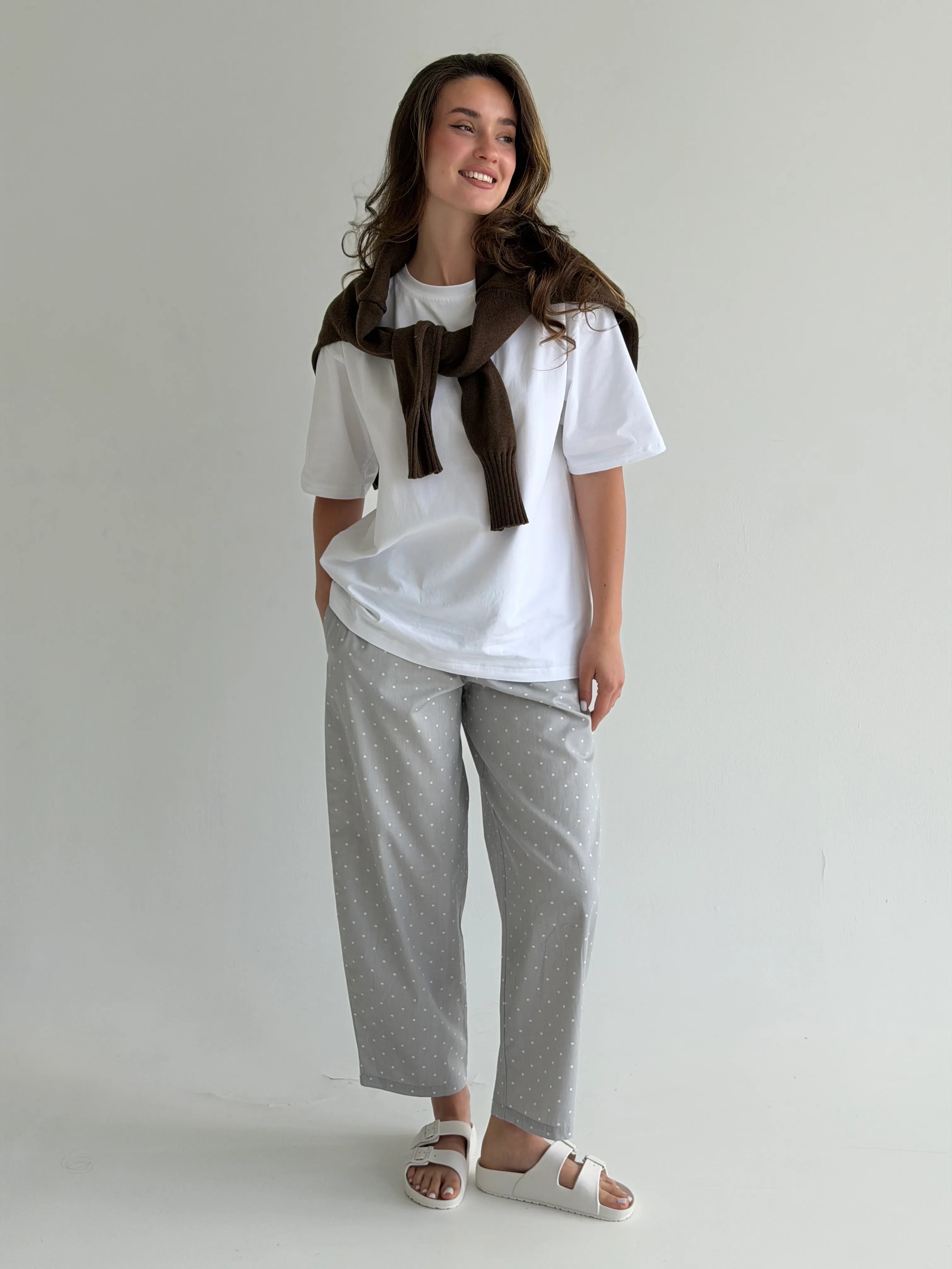 Satin pants BANANAS small white polka dots on gray