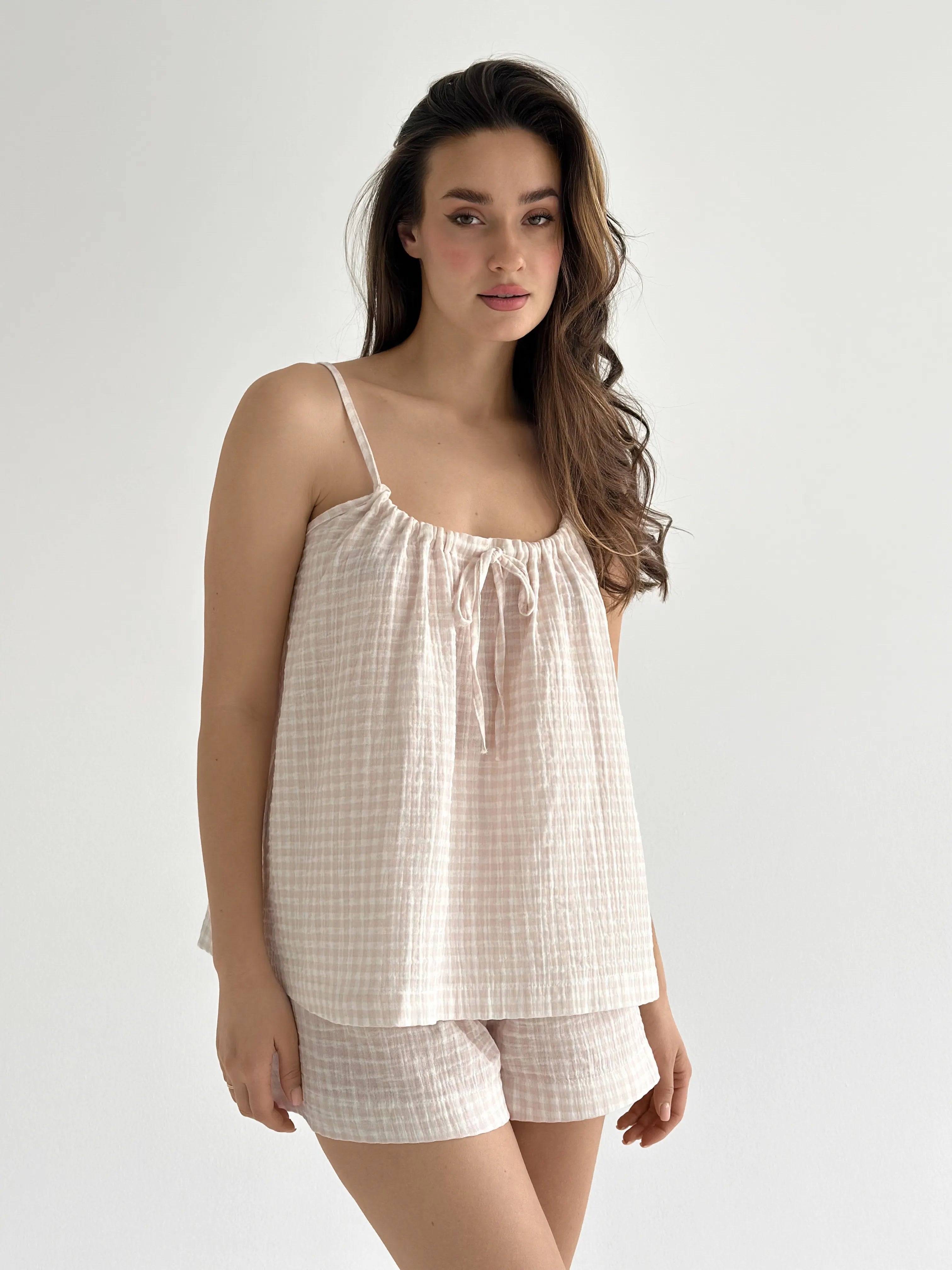Muslin set 2-layer tank top and shorts with gull beige check