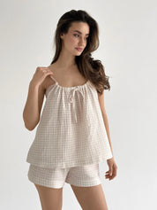 Muslin set 2-layer tank top and shorts with gull beige check