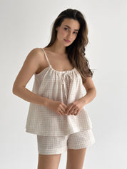 Muslin set 2-layer tank top and shorts with gull beige check