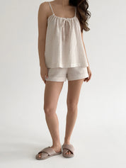 Muslin set 2-layer tank top and shorts with gull beige check