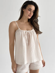 Muslin set 2-layer tank top and shorts with gull beige check
