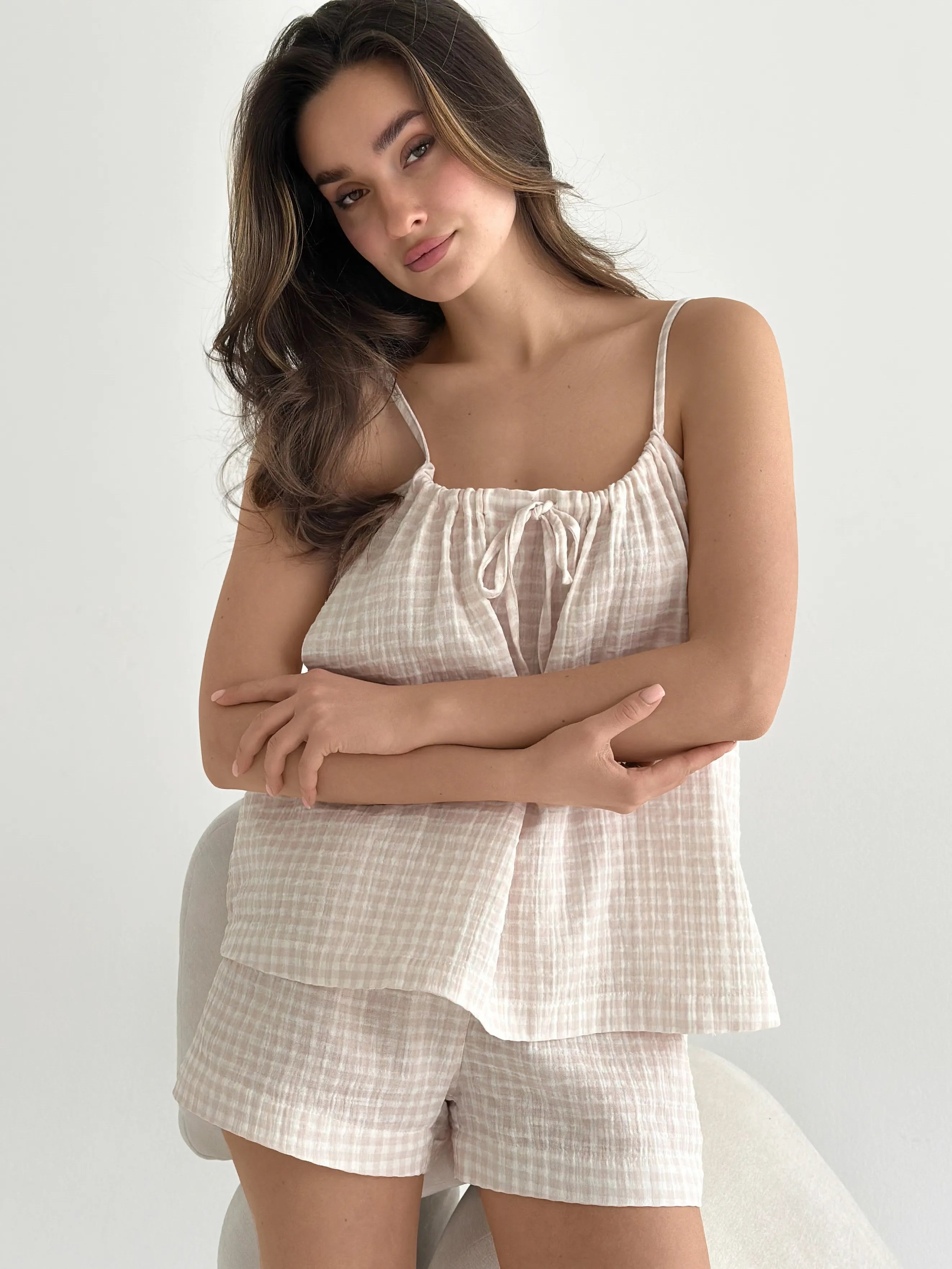 Muslin set 2-layer tank top and shorts with gull beige check