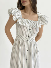 Wide striped cotton sundress with buttons, white/black