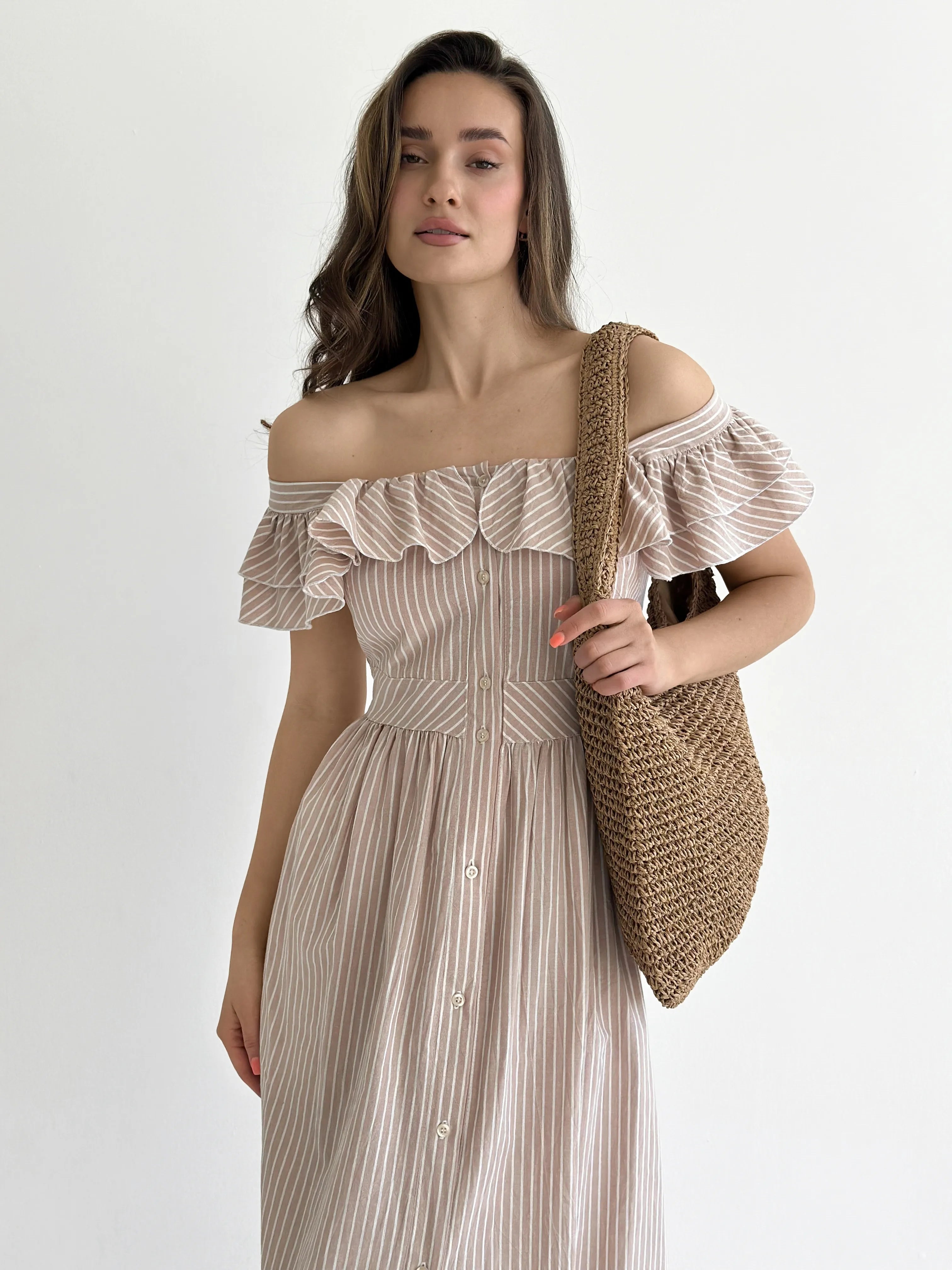Striped cotton sundress with buttons beige/milk