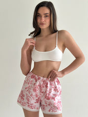 Satin Shorts mono tea roses on pink