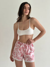 Satin Shorts mono tea roses on pink