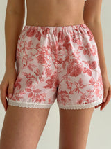 Satin Shorts mono tea roses on pink