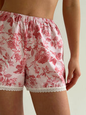 Satin Shorts mono tea roses on pink