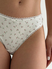 Basic thong underwear with lace, white, flower pattern