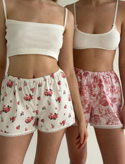 Satin Shorts mono tea roses on pink