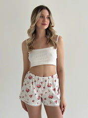Satin Shorts mono roses red with leaves