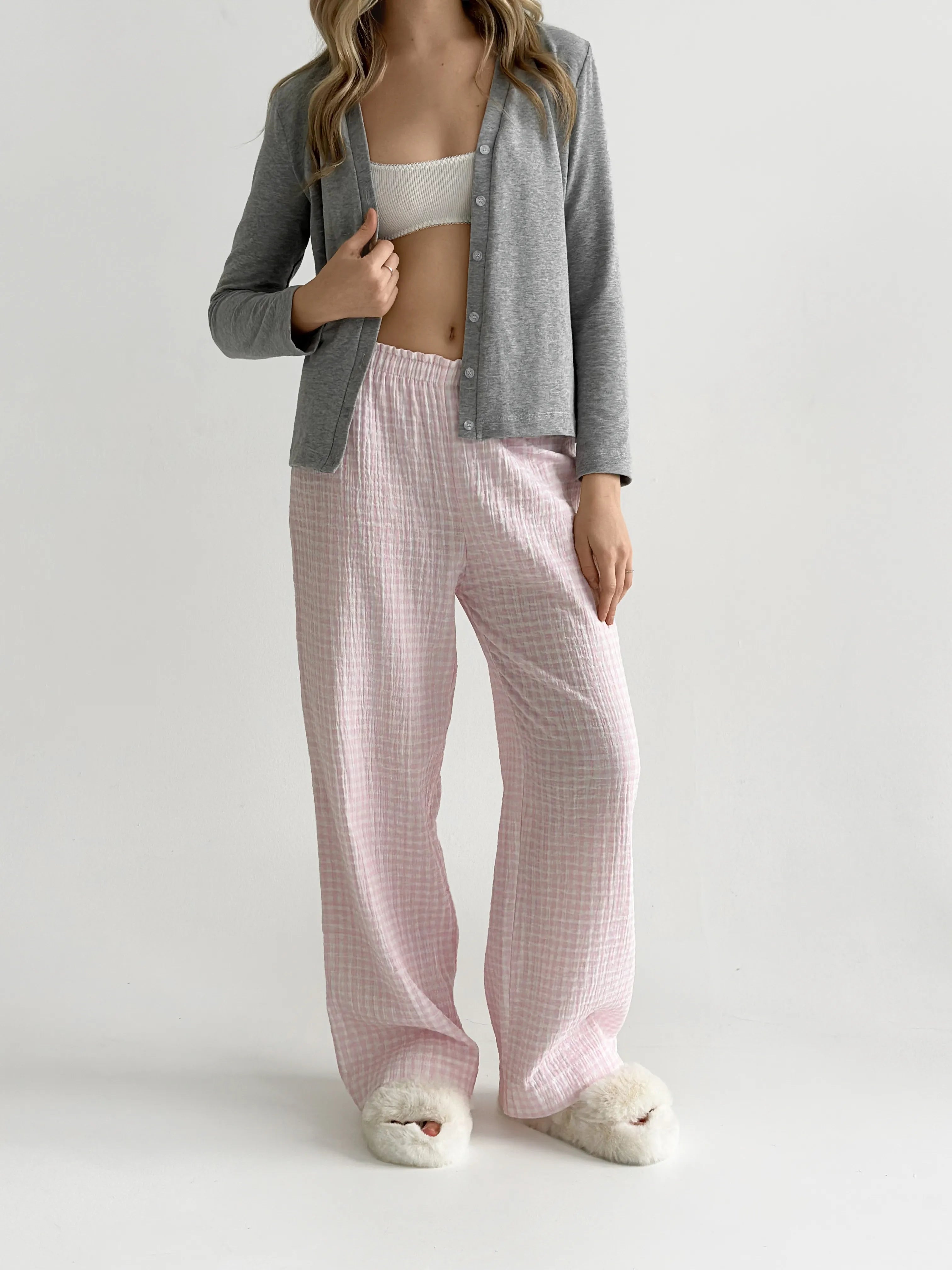 Muslin Pants Mono pink check on milky 2-ply
