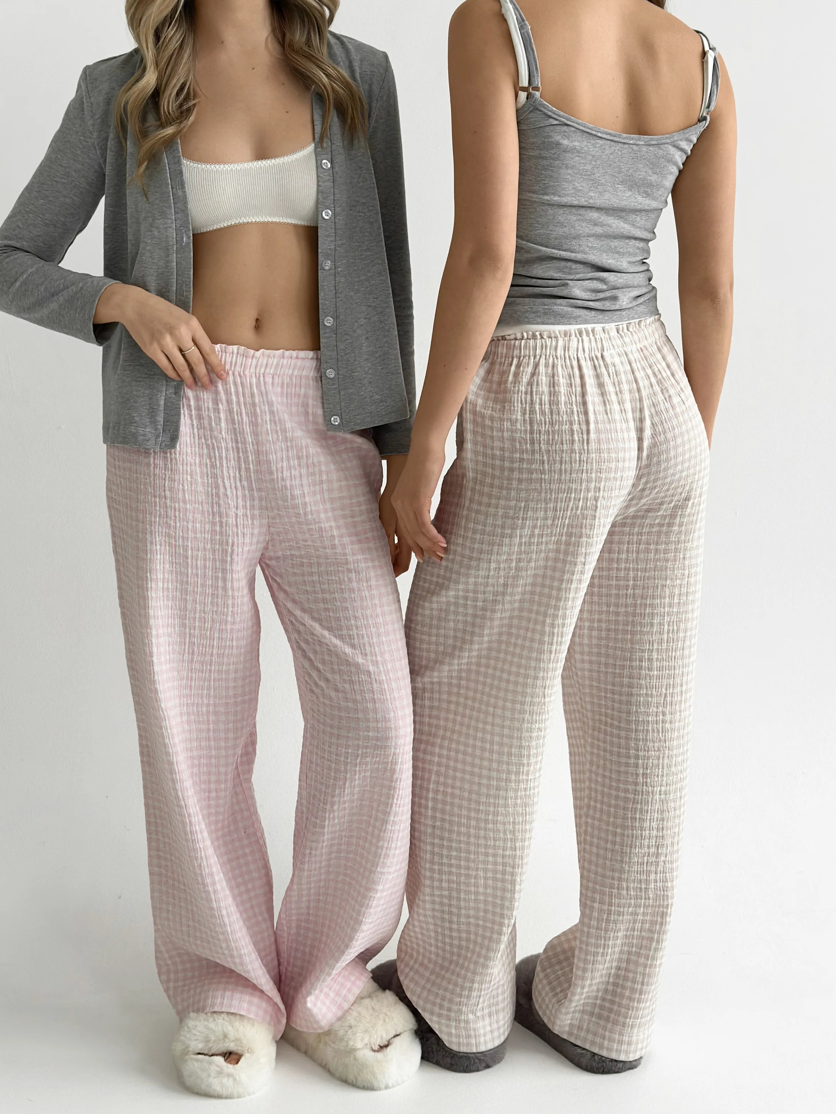 Muslin Pants Mono pink check on milky 2-ply
